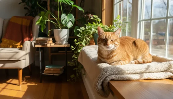 Home 59 A calm domestic cat sitting peacefully on a cozy window sill ing st...