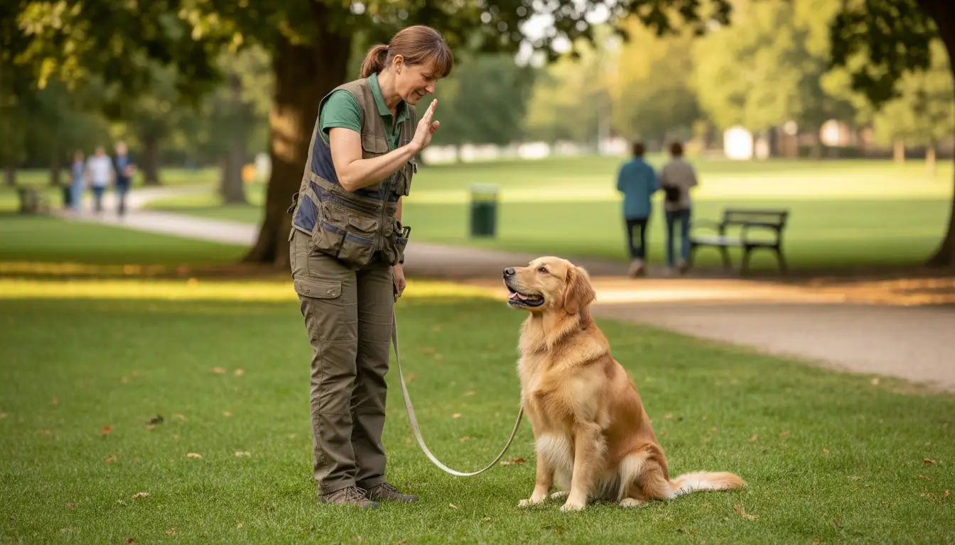 Dog training scene with professional trainer and golden retriever i...