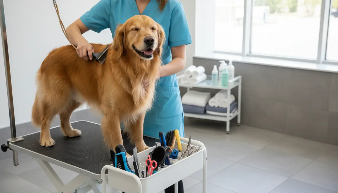 A professional dog grooming scene showing a beautiful golden retrie...