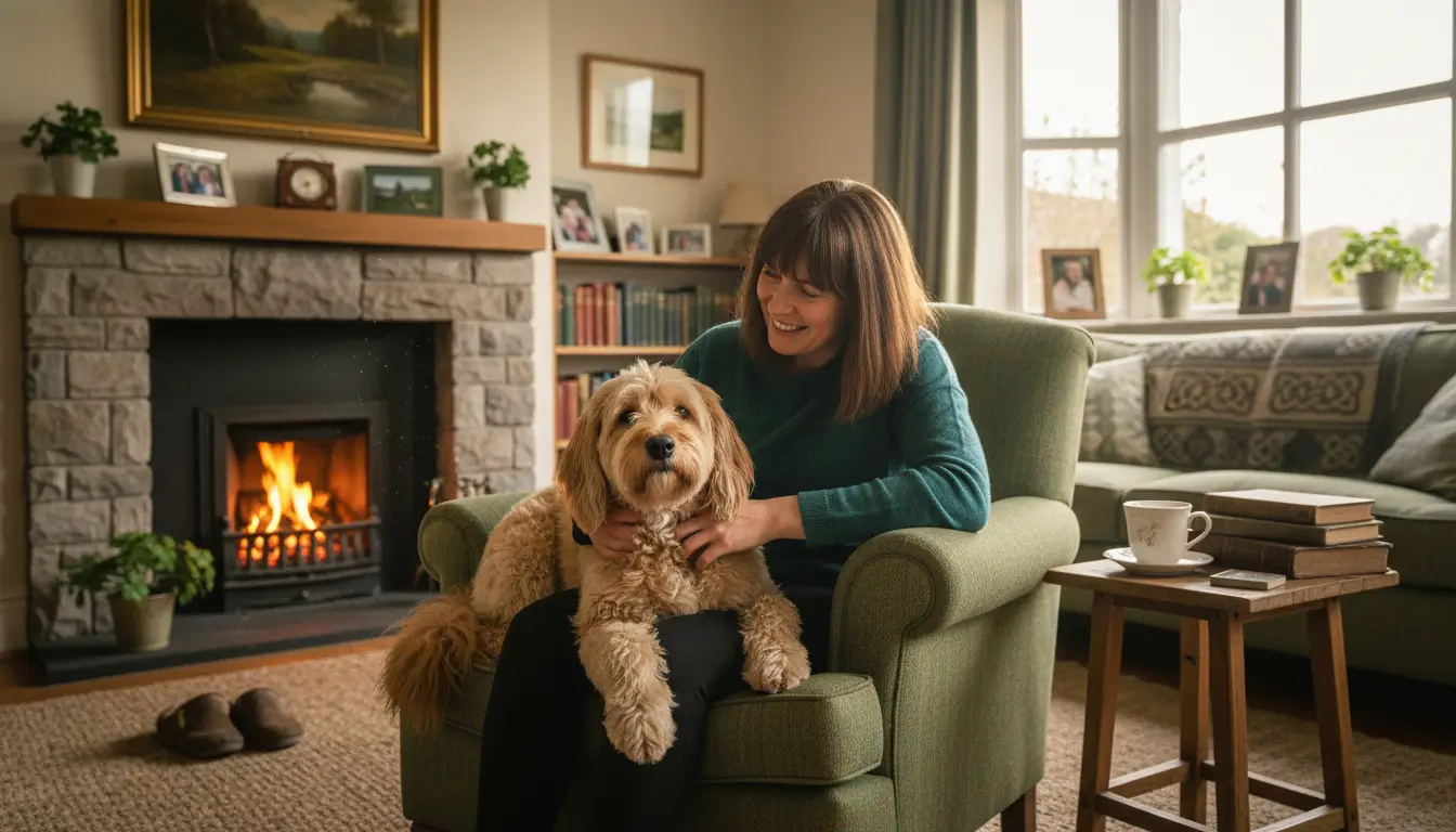 A heartwarming scene of a happy rescue dog or cat being welcomed in...