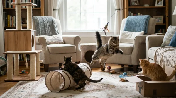 Photorealistic professional photograph: indoor cats engaging in var...