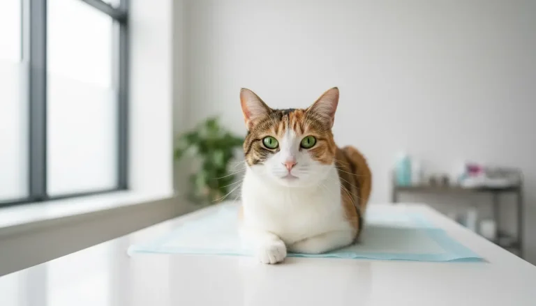 Professional veterinary photograph of an adult cat in a modern vete...