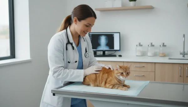 A veterinarian examining a cat on a medical table caring profession...